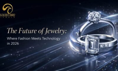 Futuristic lab grown diamond rings banner showcasing modern luxury jewelry trends by Golden Bird Jewels